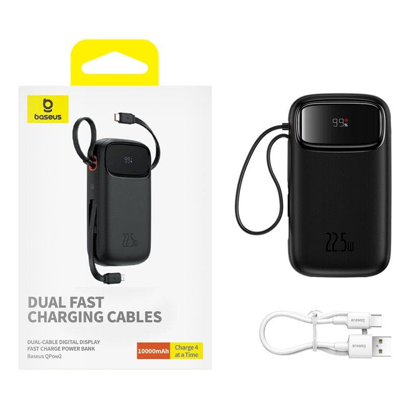 Baterie externa Baseus Qpow2, 10000mAh, 22.5W, 1 x USB; 1 x USB Type-C,1 x Lightning, total 3A, include cablu USB Type-C 0.3m, negru — miniatură