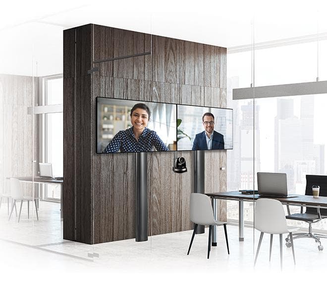 Stand de podea cu fixare in perete B-Tech, pentru doua display-uri cu diagonala 56-65", suporta pana la 70kg (per ecran), inaltime stand 2m, VESA pana la 600x400, include polita pentru montarea camerei de videoconferinta, cable management integrat, include suruburi de blocare a ecranelor pentru a — miniatură