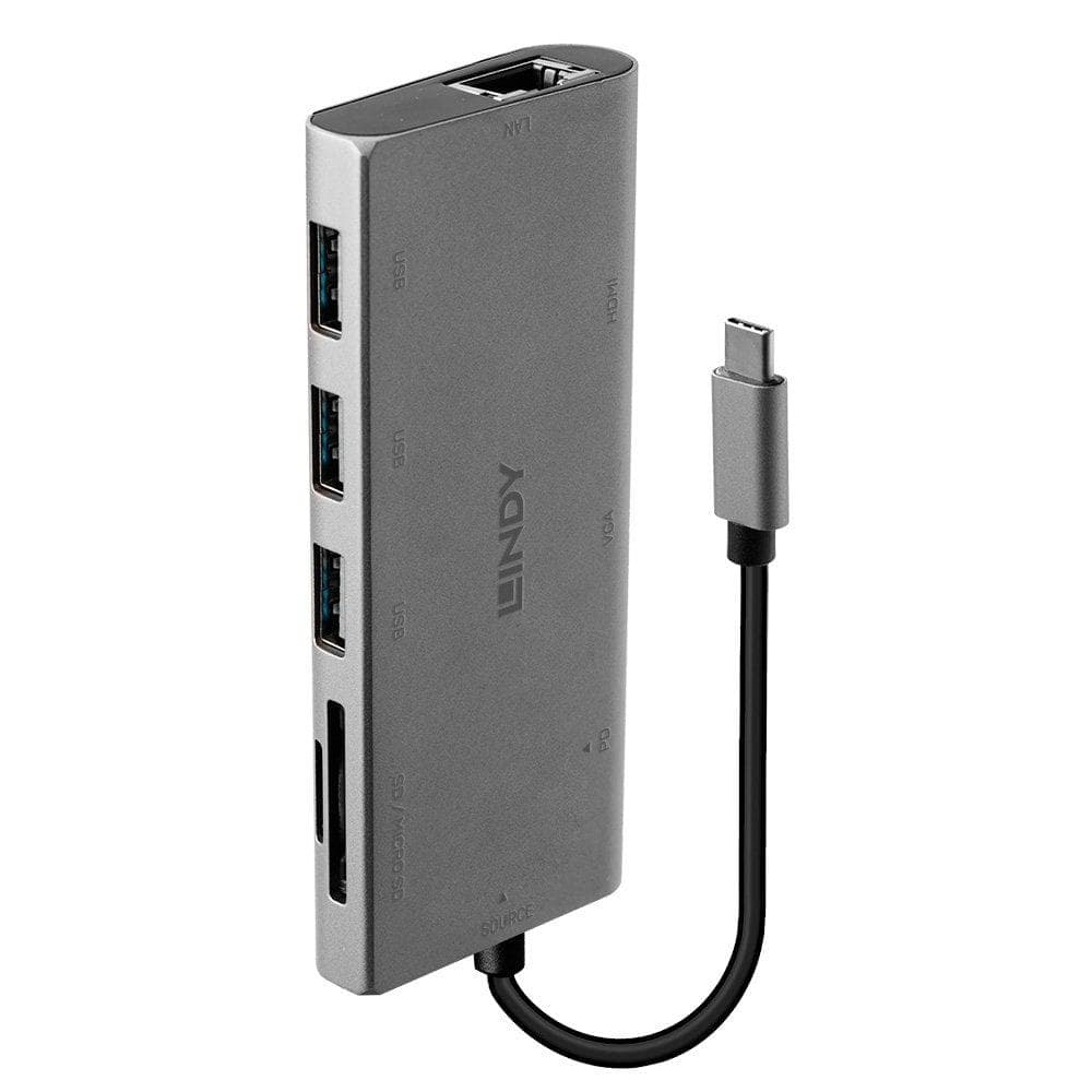 Hub USB Lindy DST-Mini Plus, USB-C, 7 porturi, HDMI, RJ-45, Gri — miniatură