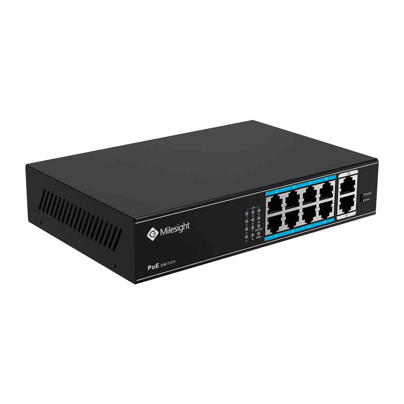 POE Switch Milesight 8 Porturi POE MS-S0208-EL, Porturi: 8 × 10/100 Mbps PoE ports (RJ45),2 × 1000 Mbps uplink ports, Alimentare: Built-in switching power supply AC 100~240 V, 50-60 Hz, 2.2 A; Standard POE: IEEE802.3af/at; Buget POE: max. 120W, max 30W per port, Temperatura de functionare:-20℃~55℃