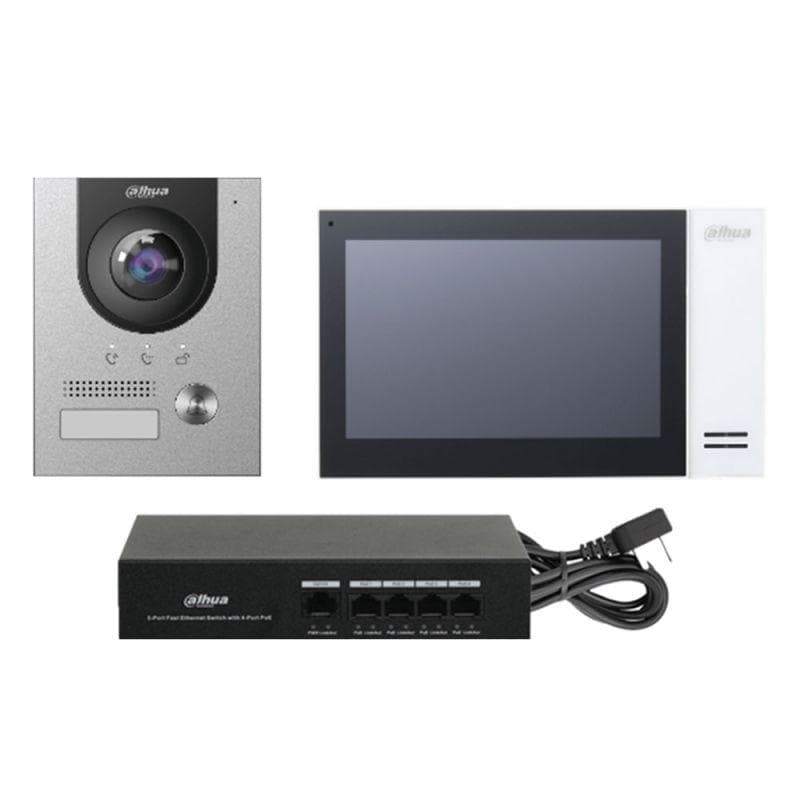 KIT Videointerfon Dahua KTP01-S2(F) Stație IP Vila  > Panoul frontal din aluminiu anodizat.  >  Camera CMOS cu iluminare scăzută de 2 MP HD colorată de 168,6°.  >  Functie video interfon.  >  Oferă putere 12 VDC, 600 mA.  >  Aplicația pentru telefonul mobil, vorbiți cu vizitatorul sau deblocați ușa