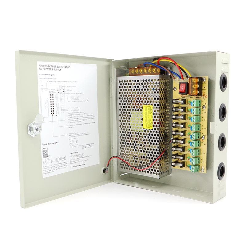 Sursa de alimentare 10A cu 9 iesiri protejate LN-IPS12V10A-9; alimentare 12v; DC Adjustable Range: ±10% Rated Voltage; Voltage Tolerance: ±2.0%; Line Regulation: ±0.5%; Load Regulation: ±1%; Setup,Rise Time,Hold Up Time:200ms,50ms, 20ms/230VAC; AC Voltage Range: 85-264VAC; Frequency Range: 47-63Hz