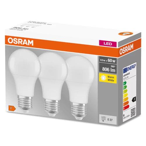 3 Becuri LED Osram Base Classic A, E27, 8.5W (60W), 806 lm, luminacalda(2700K) — miniatură