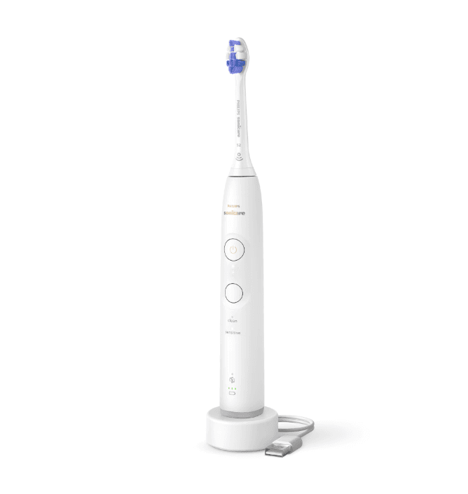 Periuta de dinti electrica Philips Sonicare HX7400/01, 62.000 miscari/minut, autonomie 21 zile, 2 moduri de periere, 3 intensitati, senzor presiune luminos, functia BrushSync, capat de periere Sensitive, alb — miniatură