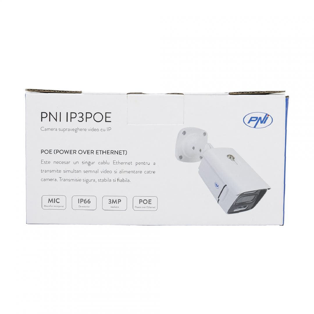 Camera supraveghere video PNI IP3POE cu IP, 3MP, de exterior IP66, microfon incorporat, compatibila cu sistemul de supraveghere POE PNI House IPMAX POE 3 si PNI House IPMAX POE 3LR, Rezolutie senzor: 3mp, Rezolutie: 2304x1296px, lentila: 3.6MM, Compresie imagine: H.265AI / H.265+, Microfon — miniatură