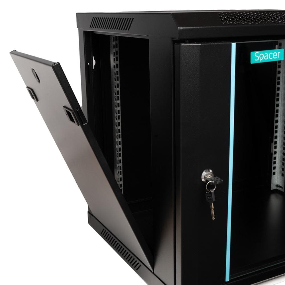 CABINET 19″ SPACER 9U 600x450mm, fixare pe perete, Flatpack (dezasamblat), Black, usa sticla cu blocare, panouri detasabile, otel 1.5mm, sarcina maxima 60Kg — miniatură