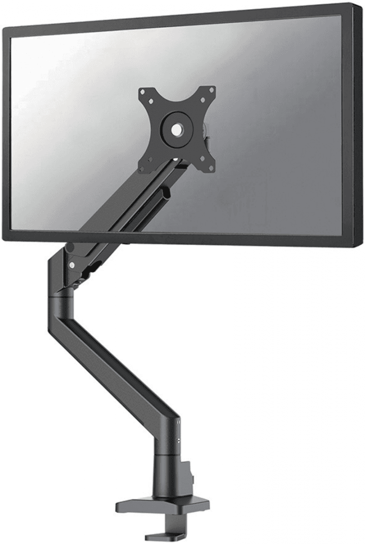 Brat pentru monitor Neomounts, tip full motion, pentru display-uri cu diagonale 17"-35", sistem de prindere VESA 75x75~100x100mm, greutate maxima suportata 9kg pentru ecranele plate si 8kg pentru ecranele curbate, tilt +45°, -45°, swivel +45°, -45°, rotate +180°, -180°, reglabil pe inaltime