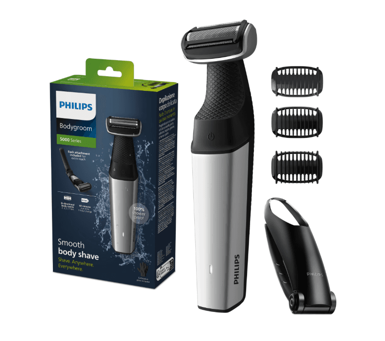 Aparat de tuns/ras corporal PHILIPS Seria 5000 BG5021/15, Folie hipoalergenica, Autonomie 60 minute/ timp incarcare 1 ora, Functie incarcare rapida 5 minute, 3 x pieptene pentru corp 2; 3; 5 mm, Maner pentru spate, Gri, L x A x I (mm) 70x140x244