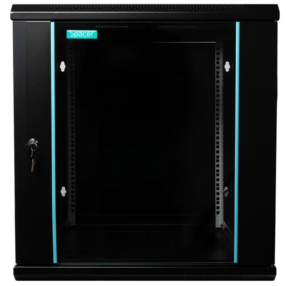 CABINET 19″ SPACER 12U 600x600mm, fixare pe perete, Flatpack (dezasamblat), Black, usa sticla cu blocare, panouri detasabile, otel 1.5mm, sarcina maxima 60Kg — miniatură