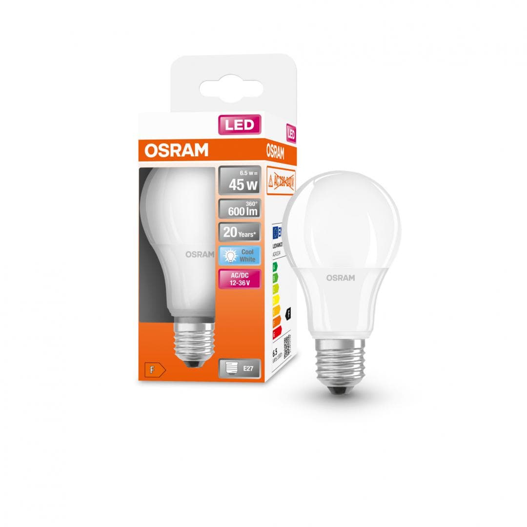 Bec LED Osram Classic A60, E27, 12-36V AC/DC, 6.5W (45W), 600 lm, luminaneutra (4000K), nu functioneaza la 220-240V