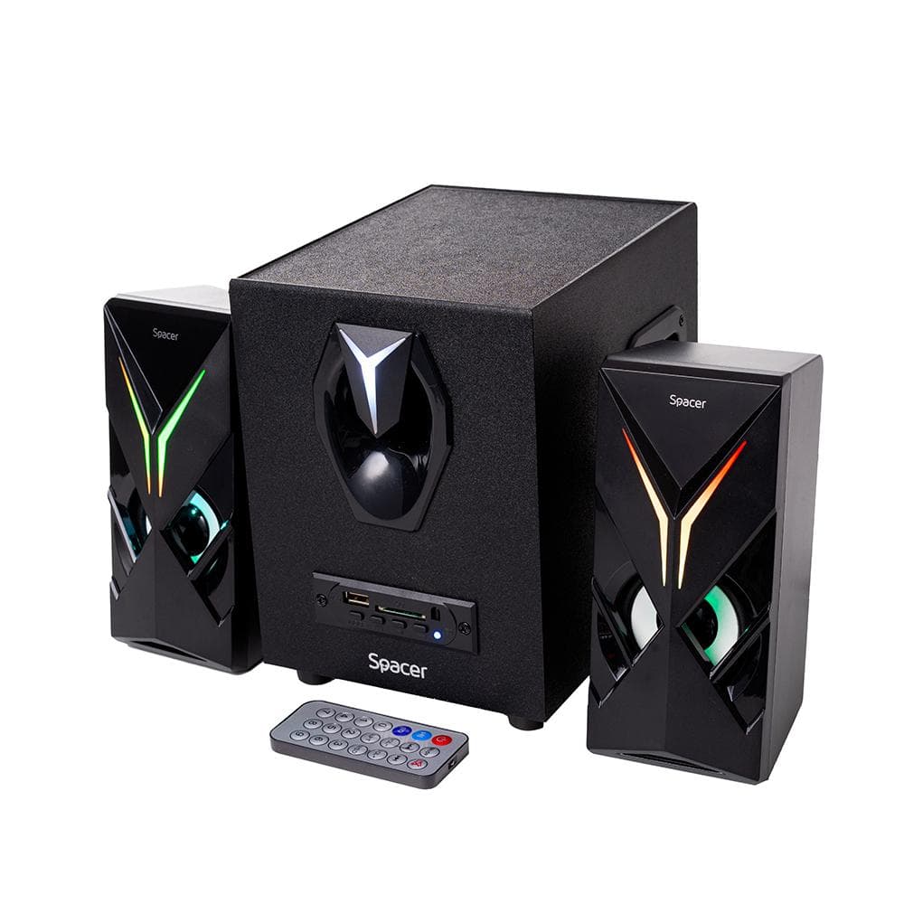 Boxe Spacer Gaming 2.1, 14W RMS ( 2x3W + 8W), bluetooth, telecomanda wireless, control volum, subwoofer lemn MDF, 220V alimentare, USB/SD/AUX/radio FM, negru — miniatură