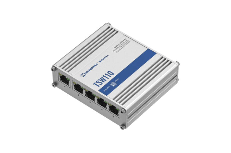 TELTONIKA INDUSTRIAL UNMANAGED L2 5PPORT GIGABIT SWITCH TSW110, Interfata: 5 x ETH ports, 10/100/1000 Mbps, supports auto MDI/MDIX crossover, Standarde retea: 802.3i, 802.3u, 802.3ab, 802.3x, 802.3az, 802.3ad, Latime de banda: 10 Gbps, Carcasa aluminiu, Dimensiuni: 100 x 30 x 85 mm, Greutate: 227g — miniatură