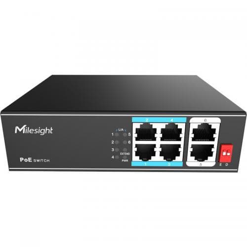 POE Switch Milesight 4 Porturi POE, Porturi: 4X10/100Mbps POE ports (RJ45) + 2X100Mbps uplink ports, Alimentare: AC 100~240V, 50-60Hz, 1A, Buget POE: max. 65W, max 30W per port, Temperatura de functionare:-20℃~ 55℃; IP30; Dimensiuni:142.5mm(W)X115mm(D)X40mm(H); Greutate: 0.500g