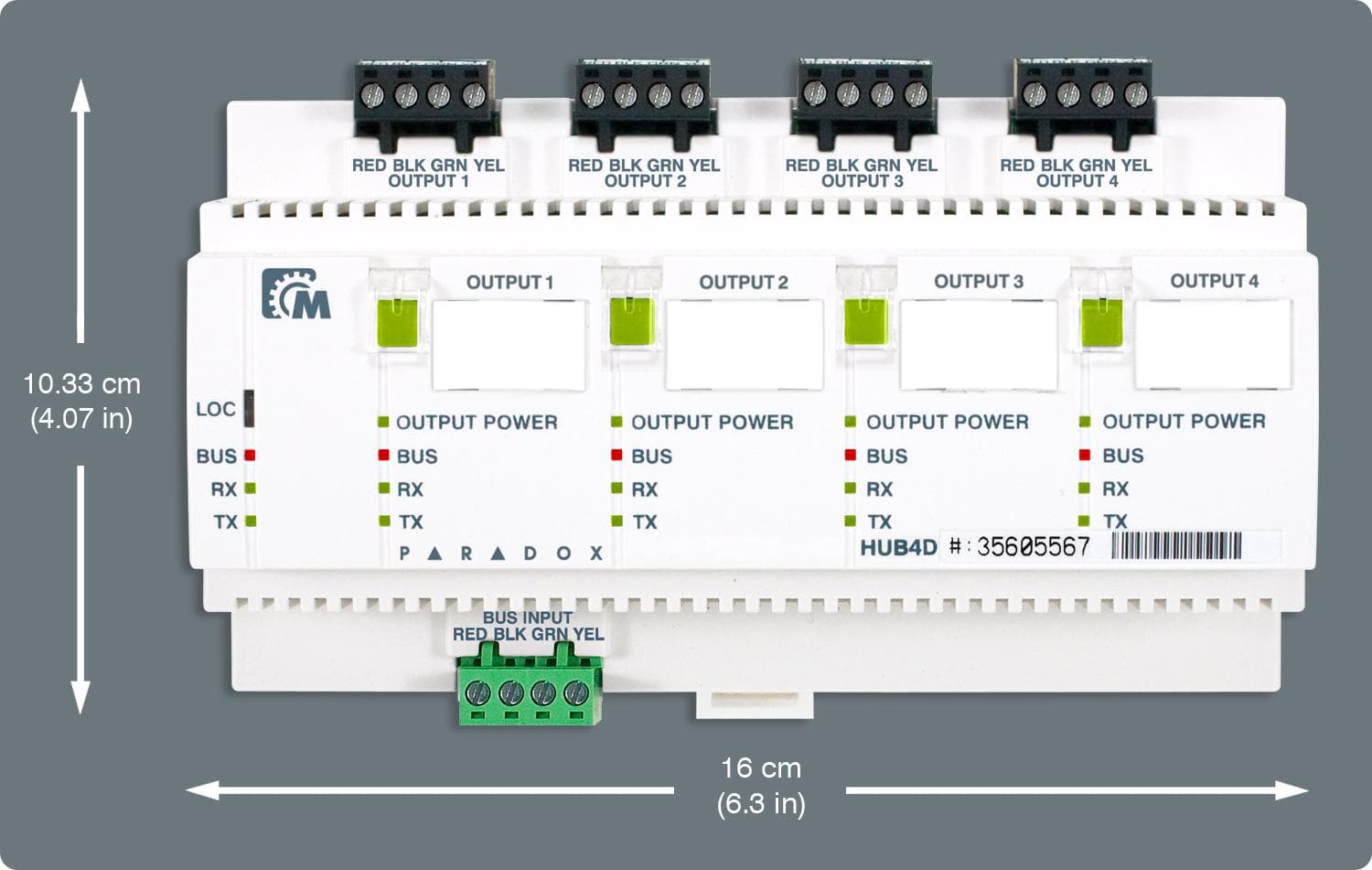 Modul izolator Bus Paradox HUB4D cu 4 porturi: multiplică magistrala de date în 4 magistrale izolate galvanic pentru protecţia împotriva descărcărilor de tensiune şi a diferenţelor de potenţial; izolarea face ca un defect pe o magistrală să nu influenţeze funcţionarea celorlalte; 1 port intrare; 4