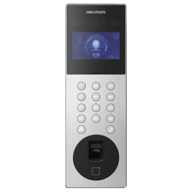 Videointerfon de exterior IP cu recunoastere faciala si amprenta digitala Hikvision DS-KD9203-MFE6, recunoaste pana la 5000 imagini faciale, 5000 amprente digitale, 50000 carduri,10000 utilizatori, deschidere faciala, amprenta si card, configurare remote via web, ecran 4.3-inch colorful LCD, camera