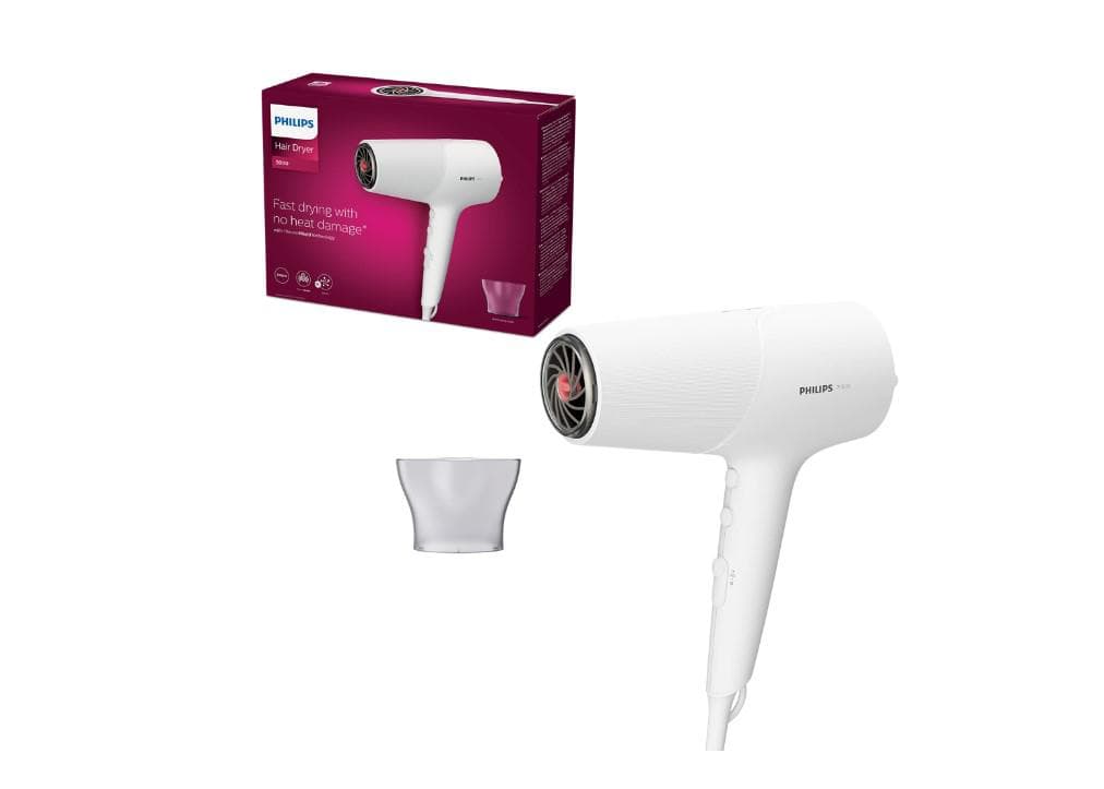 Uscator de par PHILIPS Seria 5000 BHD500/00, 2100W, Tehnologie ThermoShield, Ingrijire cu ioni, 2 setari de viteza, 3 setari de temperatura, Cap de coafare 14 mm, Alb, L x A x I (mm) 110x310x230