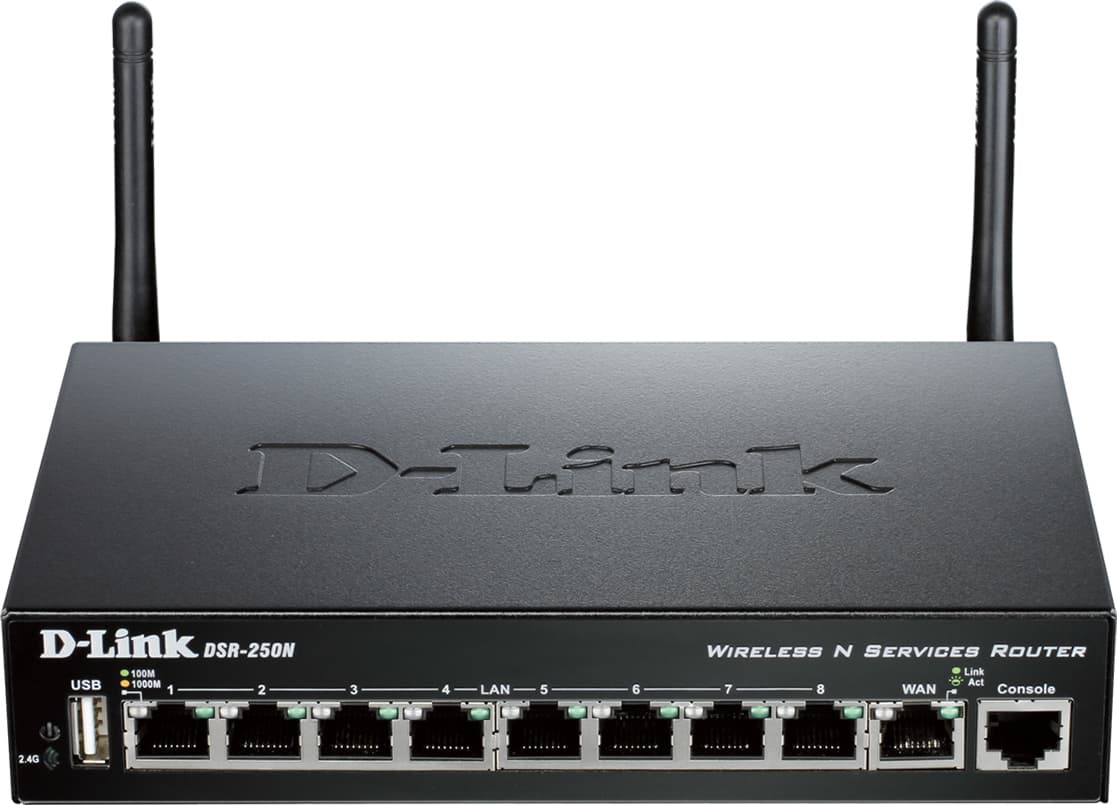 ROUTER D-LINK wireless. N VPN, 8 porturi Gigabit, 2 antene externe, 45Mbps Firewa60, 35Mbps VPN, 20.000 sesiuni concurente, 25 VPN tunnels "DSR-250N"