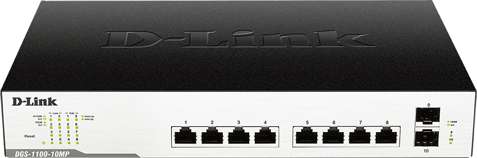 SWITCH PoE D-LINK Smart 8 porturi Gigabit (8 PoE) + 2 porturi SFP, IEEE 802.3af/at, carcasa metalica, rackabil "DGS-1100-10MP"