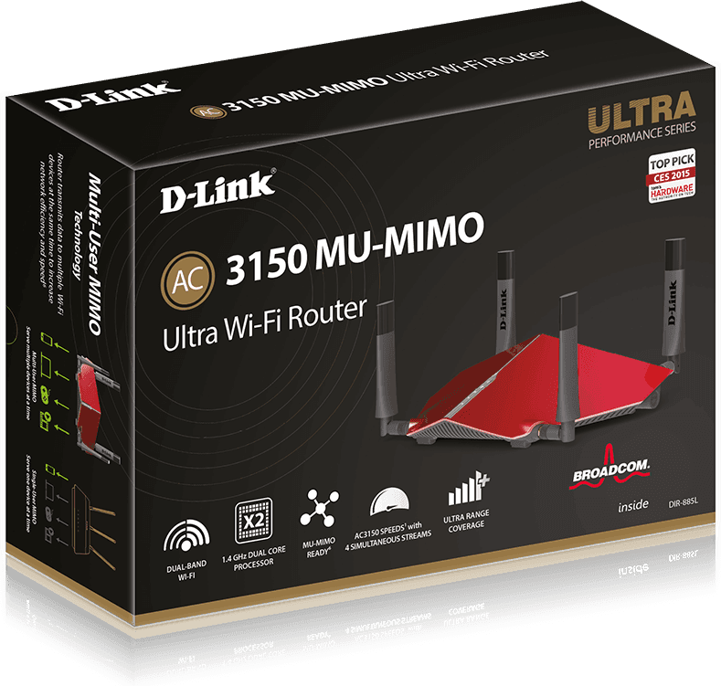 ROUTER D-LINK wireless 3150Mbps, 4 porturi Gigabit, 4 antene externe, Dual Band AC3200 (1300/600Mbps), 1xUSB3.0, 1xUSB2.0, glossy red "DIR-885L" — miniatură