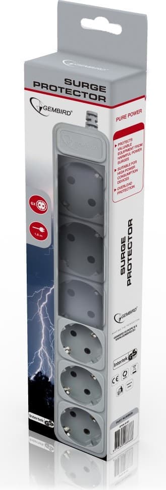 PRELUNGITOR GEMBIRD, Schuko x 6, conectare prin Schuko (T), cablu 1.8 m, 16 A, protectie supratensiune, protectie copii, gri, "SPG6-B-6C" — miniatură