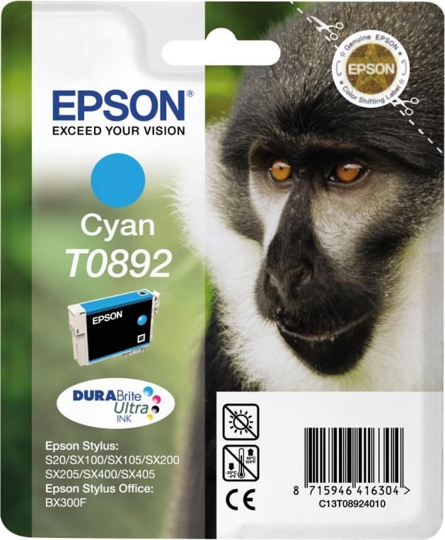 Cartus Cerneala Original Epson Cyan, T0892, pentru Stylus S20|SX100|SX105|SX200|SX205|SX400|SX405 Stylus Office BX300F, "C13T08924011"(RAPO)