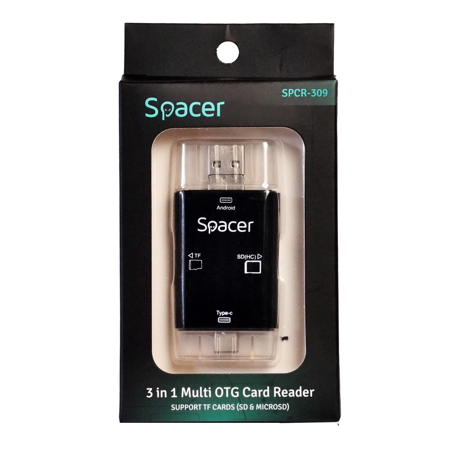 CARD READER extern SPACER, 3 in 1, interfata USB 2.0, USB Type C, Micro-USB, citeste/scrie: SD, micro SD; adaptor USB Type C la USB sau Micro-USB; plastic, negru, "SPCR-309" — miniatură