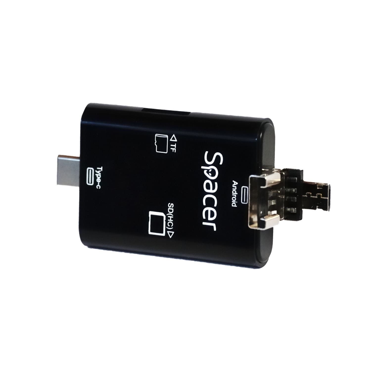 CARD READER extern SPACER, 3 in 1, interfata USB 2.0, USB Type C, Micro-USB, citeste/scrie: SD, micro SD; adaptor USB Type C la USB sau Micro-USB; plastic, negru, "SPCR-309" — miniatură