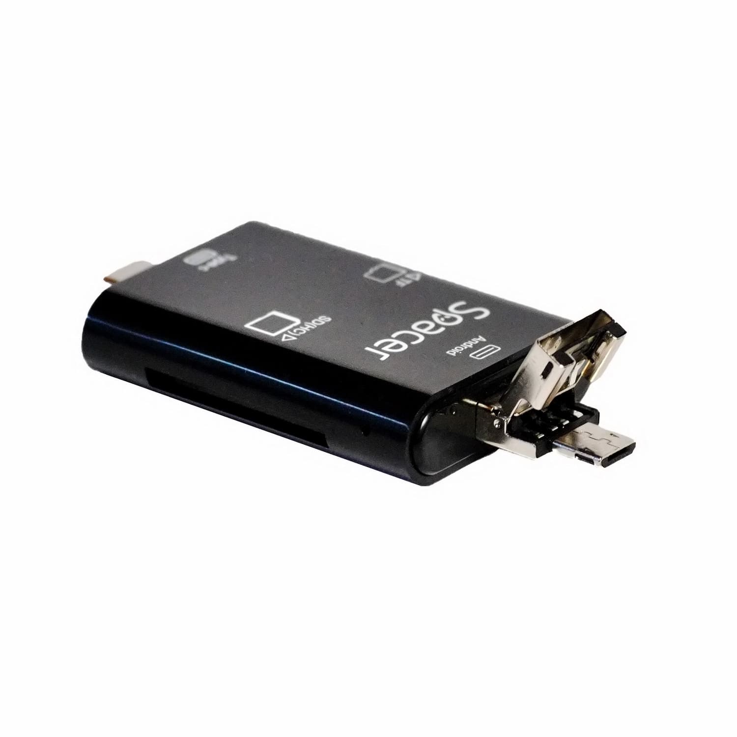 CARD READER extern SPACER, 3 in 1, interfata USB 2.0, USB Type C, Micro-USB, citeste/scrie: SD, micro SD; adaptor USB Type C la USB sau Micro-USB; plastic, negru, "SPCR-309" — miniatură