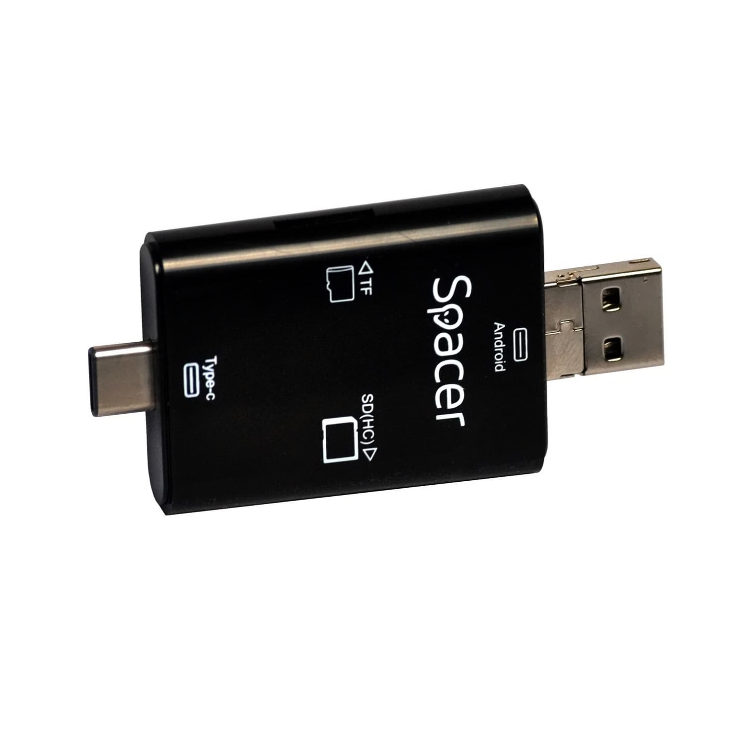 CARD READER extern SPACER, 3 in 1, interfata USB 2.0, USB Type C, Micro-USB, citeste/scrie: SD, micro SD; adaptor USB Type C la USB sau Micro-USB; plastic, negru, "SPCR-309" — miniatură