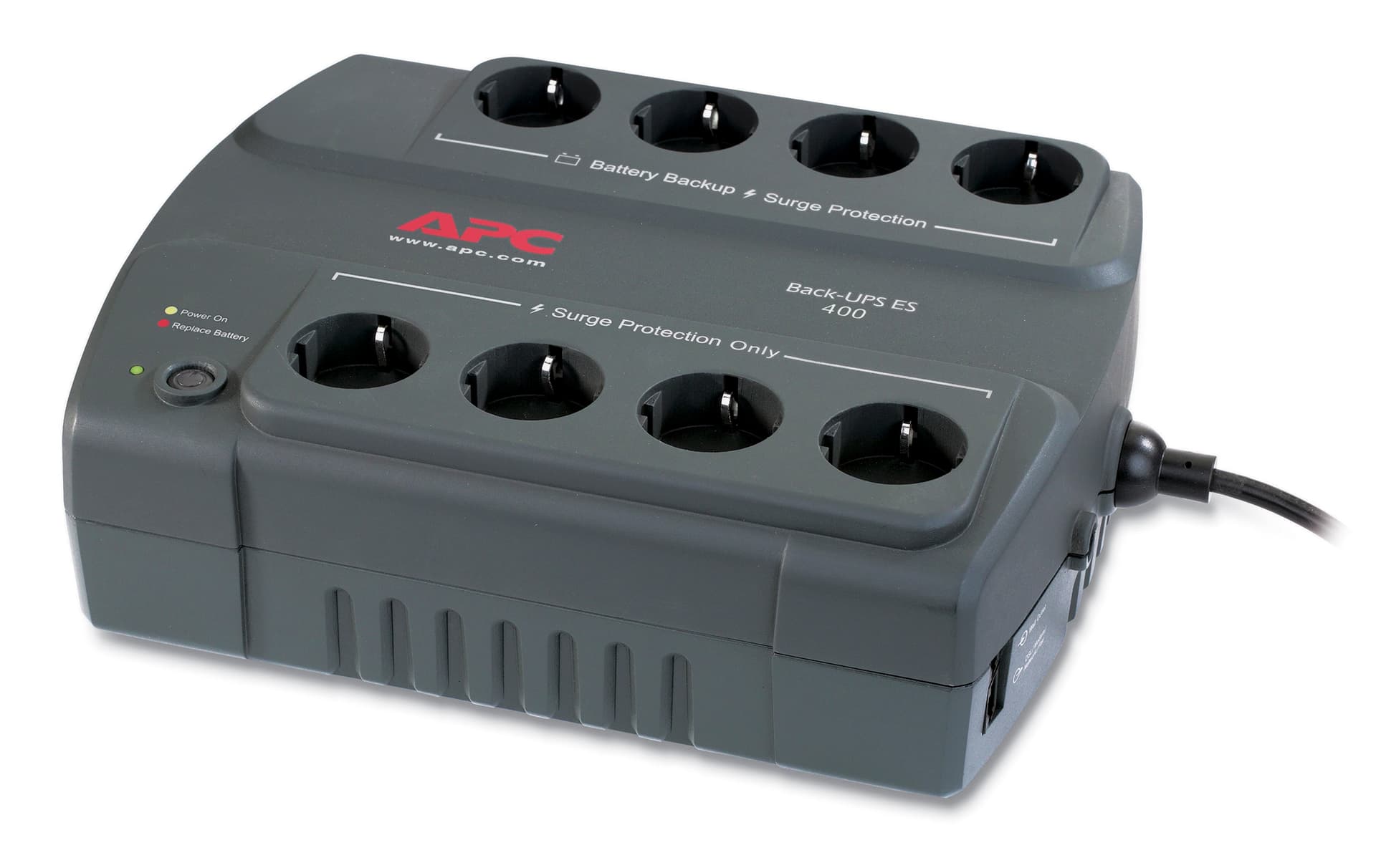UPS APC, "Back-UPS ES", offline cu sinusoida simulata, brick, 400VA/240W, Schuko x 8, LED, back-up 11 - 20 min., "BE400-GR", (WBEXTWAR1YR-SP-01/WBEXTWAR3YR-SP-01)
