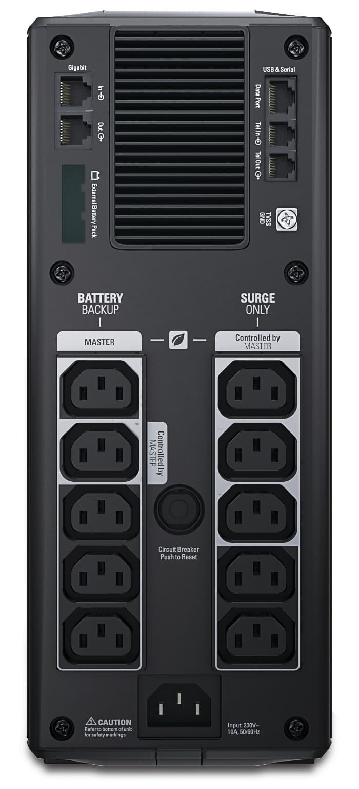 UPS APC, " Back-UPS RS", Line Int. cu management, tower, 1500VA/865W, AVR, IEC x 10, 1 x baterie APCRBC124, display LCD, back-up 11 - 20 min., "BR1500GI" — miniatură