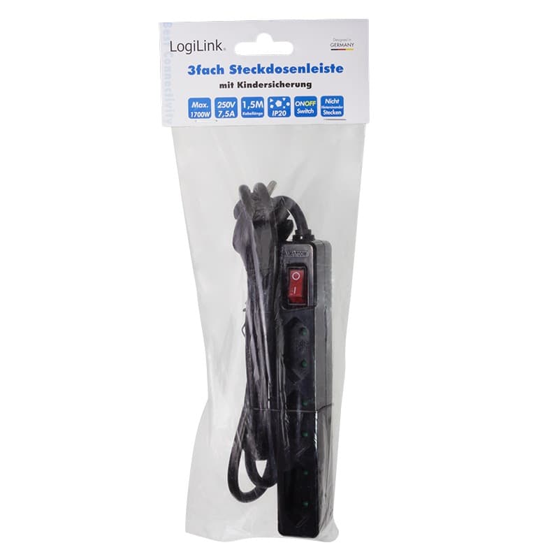 PRELUNGITOR LOGILINK, Euro skt x 3, conectare prin Schuko (T), cablu 1.5 m, 7.5 A, protectie contact accidental, negru, "LPS230B" — miniatură