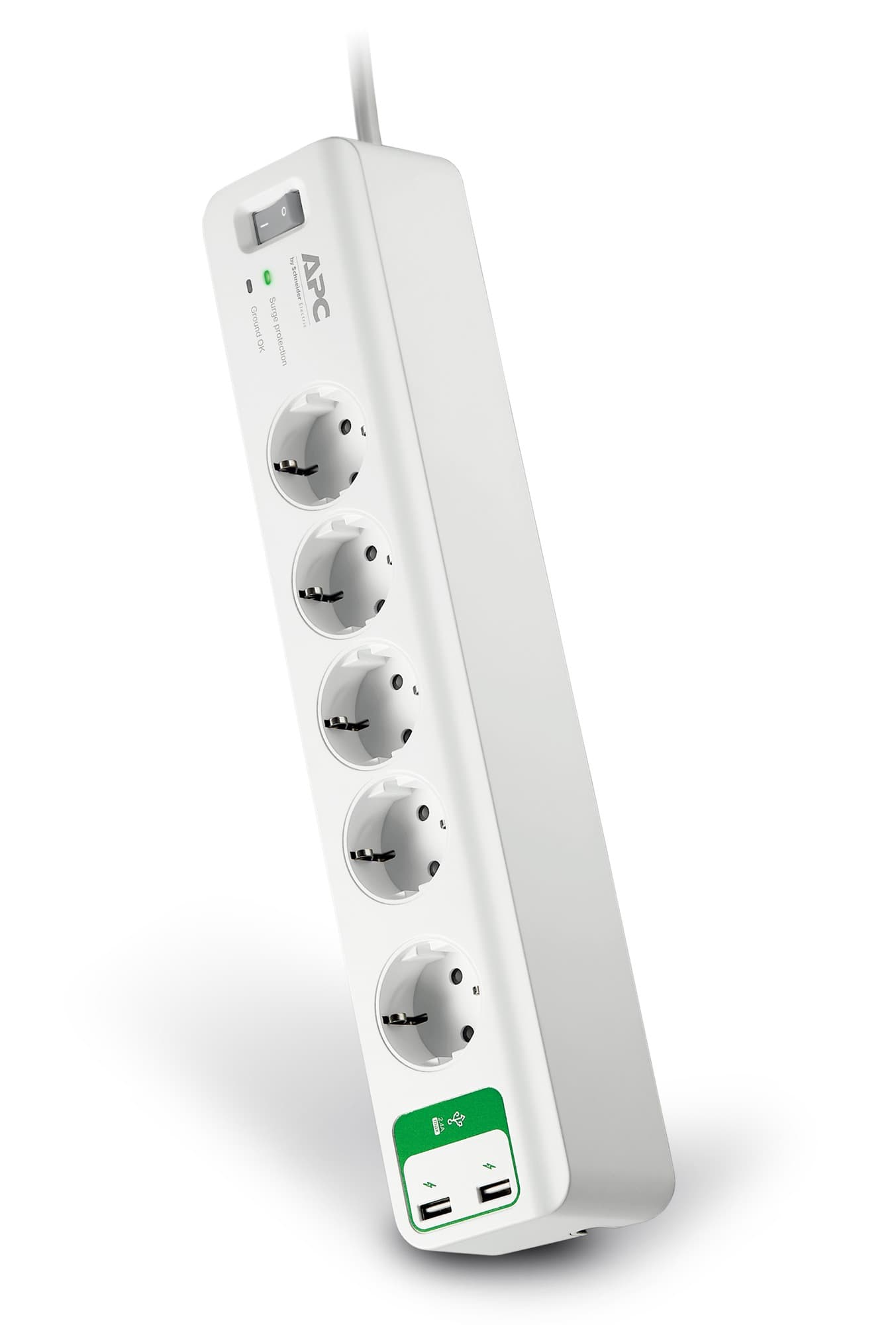 PRELUNGITOR APC, Schuko x 5, conectare prin Schuko (T), USB x 2, cablu 2 m, 10 A, protectie supratensiune, alb, "PM5U-GR"