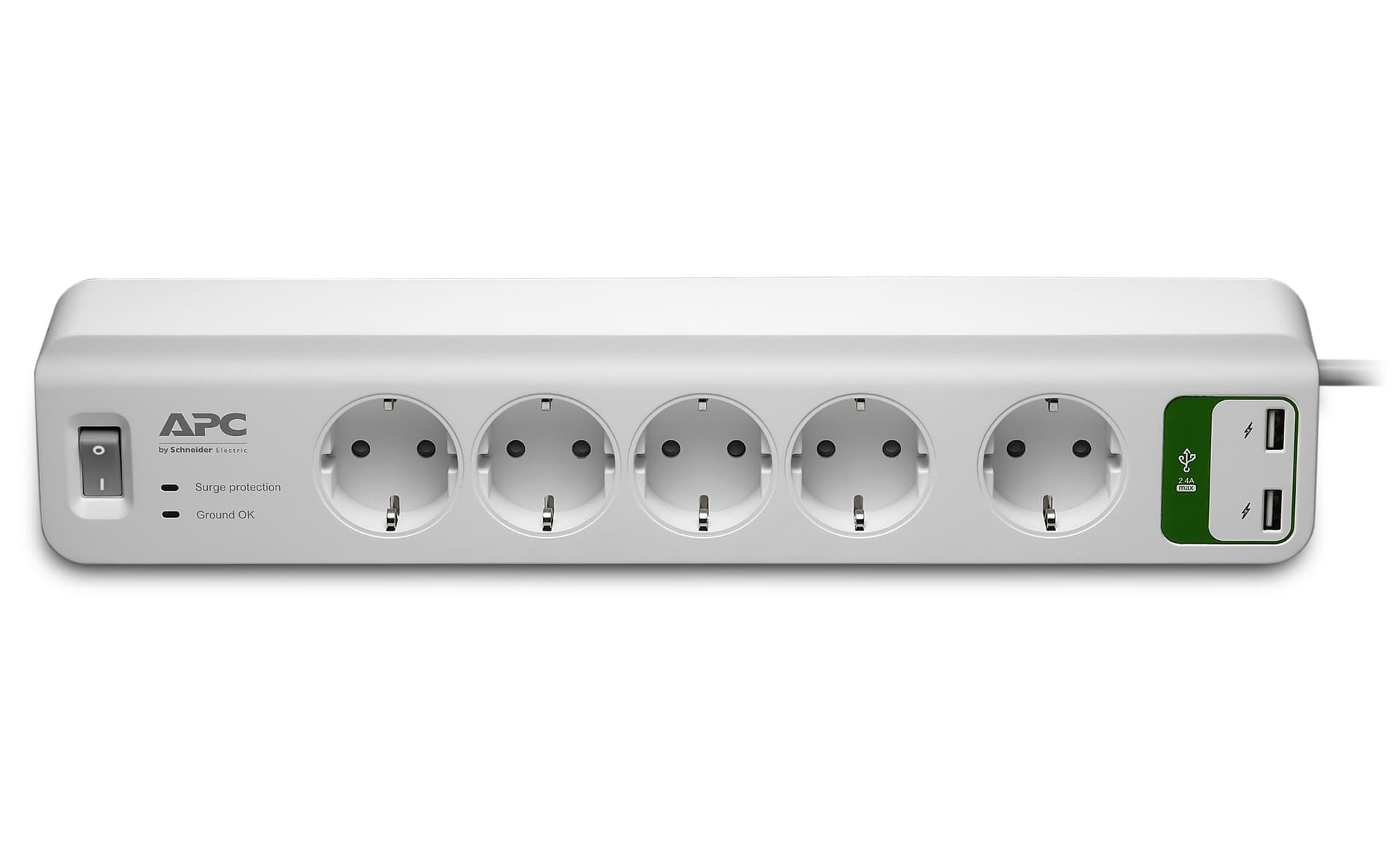 PRELUNGITOR APC, Schuko x 5, conectare prin Schuko (T), USB x 2, cablu 2 m, 10 A, protectie supratensiune, alb, "PM5U-GR" — miniatură