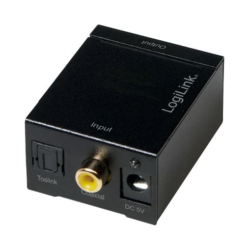 CONVERTOR audio LOGILINK, intrare: 1 x Toslink, 1 x Coaxial, iesire: 2 x RCA, 1 x 3.5mm jack, 24-bit, 96KHz, alimentator extern 5V / 1A, black, "CA0101" — miniatură