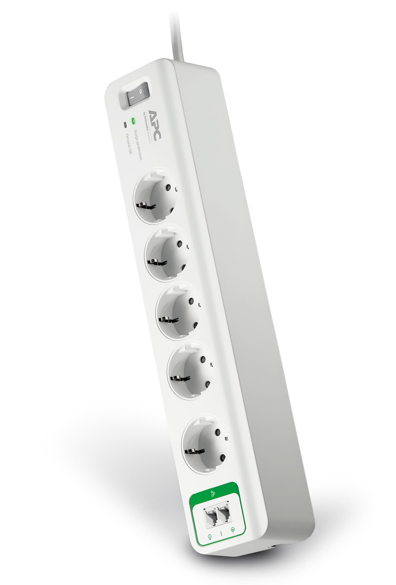PRELUNGITOR APC, Schuko x 5, conectare prin Schuko (T), RJ-11 x 2, cablu 1.8 m, 10 A, protectie supratensiune, protectie telefon, alb, "PM5T-GR" — miniatură