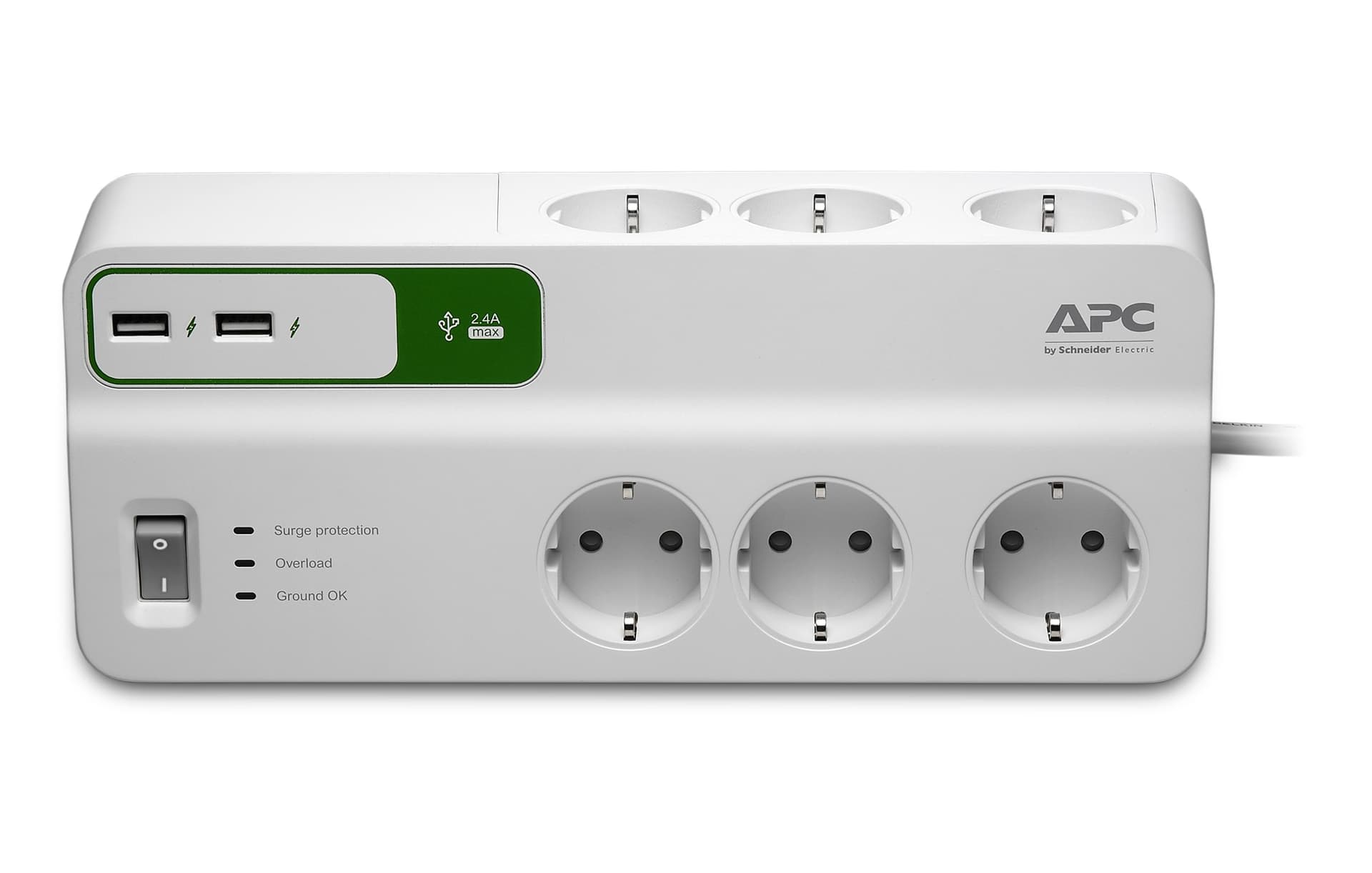 PRELUNGITOR APC, Schuko x 6, conectare prin Schuko (T), USB x 2, cablu 2 m, 10 A, protectie supratensiune, alb, "PM6U-GR"