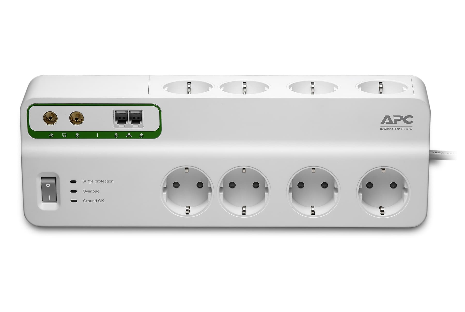 PRELUNGITOR APC, Schuko x 8, conectare prin Schuko (T), RJ-11 x 2, coaxial x 2, cablu 3 m, 10 A, protectie supratensiune, protectie telefon, protectie TV, alb, "PMF83VT-GR"