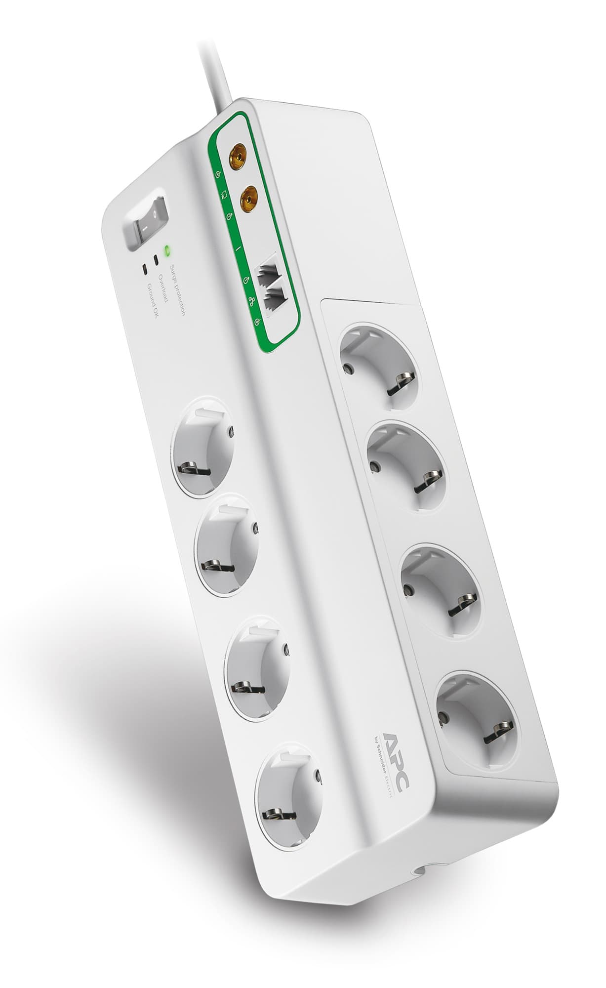 PRELUNGITOR APC, Schuko x 8, conectare prin Schuko (T), RJ-11 x 2, coaxial x 2, cablu 3 m, 10 A, protectie supratensiune, protectie telefon, protectie TV, alb, "PMF83VT-GR" — miniatură