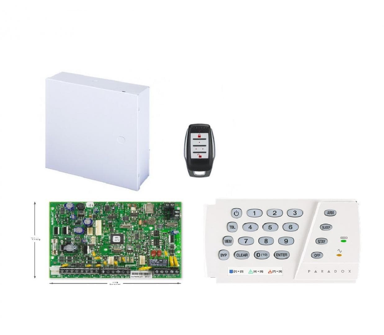 CENTRALA alarma PARADOX, panou ctl MAGELAN cu emit-recept radio-32 zone, Stay D si aplicatia iPARADOX;2 partitii-intrari de zona pe placa-iesiri PGM pe placa "MG5050+K636+REM15"