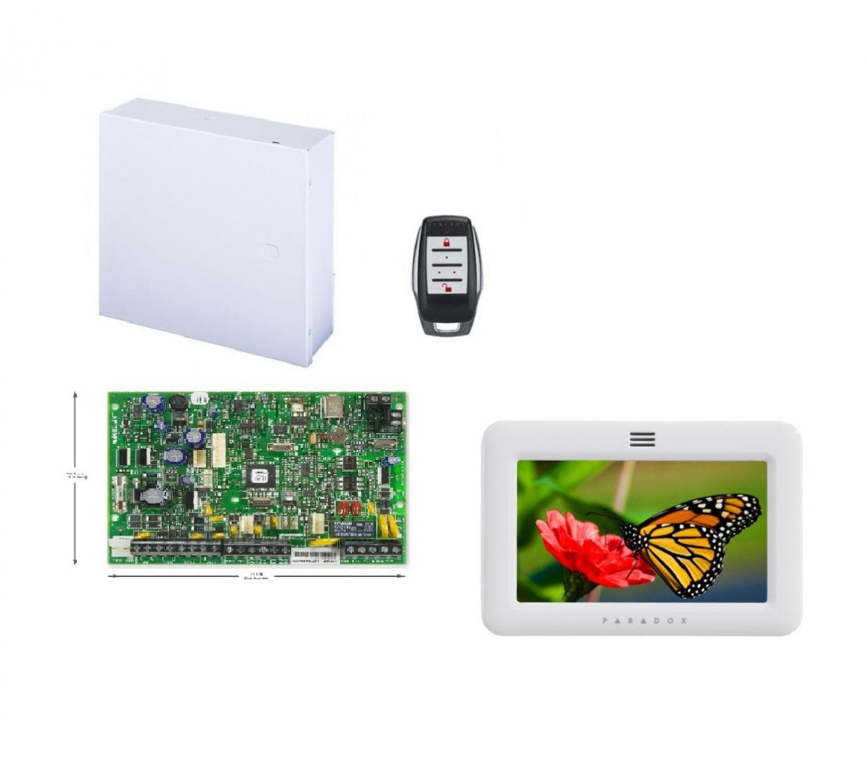 CENTRALA alarma PARADOX, panou ctr MAGELAN cu emit-recept radio-32 zone,Stay D si aplicatia iPARADOX; 2-partitii-intrari de zona pe placa-iesiri PGM pe placa "MG5050+TM50+REM15"
