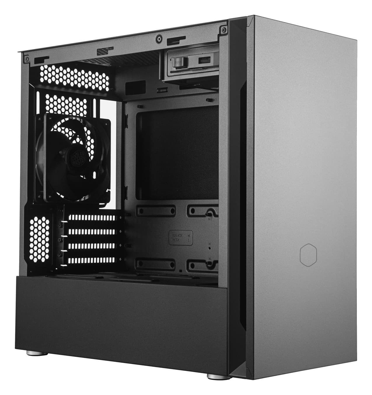 CARCASA Cooler Master, Mini Tower, mATX, "Silencio S400", fara sursa, sticla securizata, 2 x fan, USB 3.0 x 2, Jack 3.5mm x 1, card reader, mesh, "MCS-S400-KG5N-S00" — miniatură