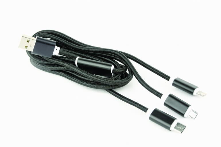 CABLU alimentare si date GEMBIRD, USB 2.0(T) la Lightning(T)+Micro-USB 2.0(T)+USB 2.0 Type-C(T),1m,impletit,incarcare simultana a 3 tipuri de telef,negru, "CC-USB2-AM31-1M" — miniatură