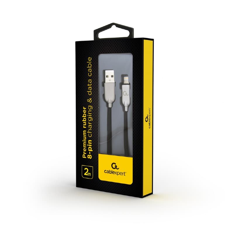 CABLU alimentare si date GEMBIRD, pt. smartphone, USB 2.0 (T) la Lightning (T), 2m, premium, cablu din cauciuc, negru, conectori argintii, "CC-USB2R-AMLM-2M" — miniatură
