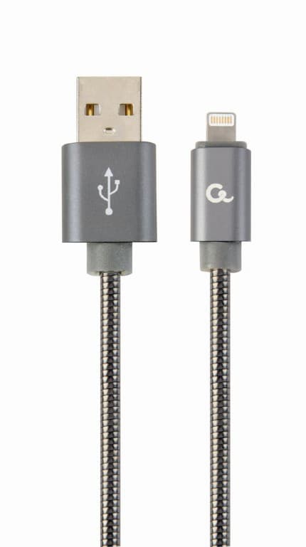 CABLU alimentare si date GEMBIRD, pt. smartphone, USB 2.0 (T) la Lightning (T), 1m, premium, cablu metalic, gri-metalic, cu insertii albe, "CC-USB2S-AMLM-1M-BG"