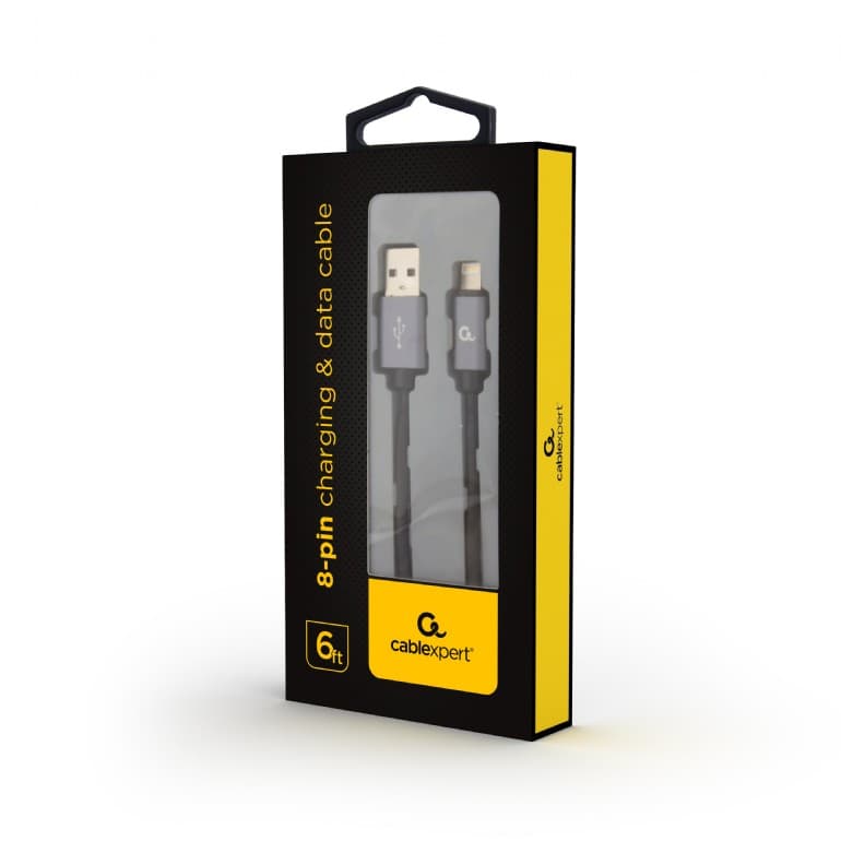 CABLU alimentare si date GEMBIRD, pt. smartphone, USB 2.0 (T) la Lightning (T), 1.8m, premium, conectori auriti, cablu cu impletire din bumbac, black, "CCB-mUSB2B-AMLM-6" — miniatură