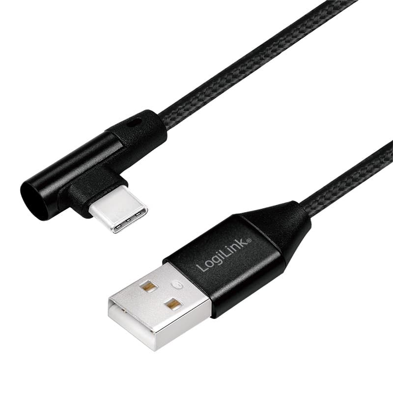 CABLU alimentare si date LOGILINK, pt. smartphone, USB 2.0 (T) la USB 2.0 Type-C (T) la 90 grade, 1m, premium, cablu cu impletire din bumbac, negru, "CU0138"