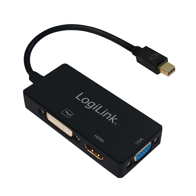 CABLU video LOGILINK, splitter Mini-DisplayPort (T) la HDMI (M) + DVI-I DL (M) + VGA (M), 10cm, rezolutie maxima 4K UHD (3840 x 2160) la 30 Hz, negru, "CV0110"
