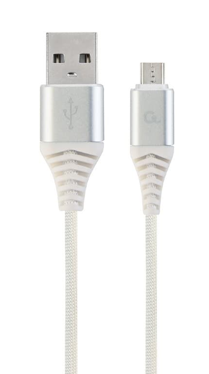 CABLU alimentare si date GEMBIRD, pt. smartphone, USB 2.0 (T) la Micro-USB 2.0 (T), 2m,premium,cablu cu impletire din bumbac,alb cu conectori argintii, "CC-USB2B-AMmBM-2M-BW2"