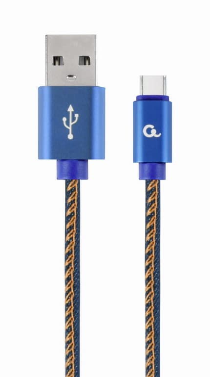 CABLU alimentare si date GEMBIRD, telefon, USB 2.0(T) la USB 2.0 Type-C(T),1m,premium,conectori auriti,impletit, negru (Jeans model), conetori albastri, "CC-USB2J-AMCM-1M-BL"
